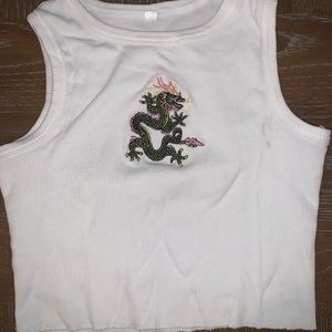 Dragon Embroidered Ribbed White Crop Top